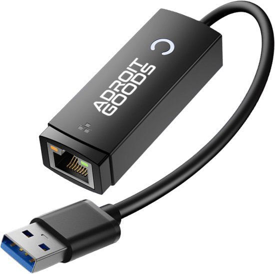 zwarte USB 3.0 naar ethernetadapter met kabel en AdroitGoods logo in professioneel design