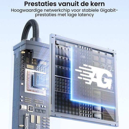 Close-up van een geavanceerde netwerkchip met strakke kabels en technologisch design