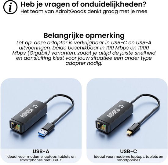 Twee netwerkadapters van AdroitGoods, één met USB-A en één met USB-C aansluiting.