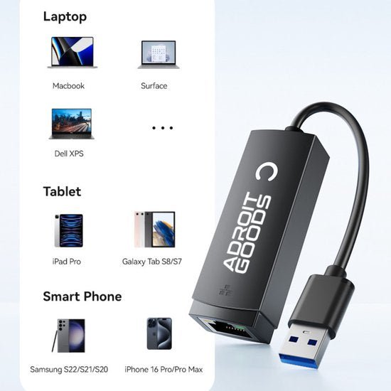 Zwarte USB-adapter met ethernetpoort en compatibel met laptops, tablets en smartphones