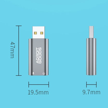 grijs metalen USB-adapter met afmetingen en merklogo afgebeeld op blauwe achtergrond