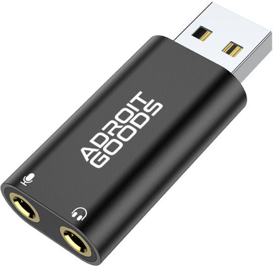 Zwarte USB-geluidsadapter met microfooningang en hoofdtelefoonaansluiting van AdroitGoods