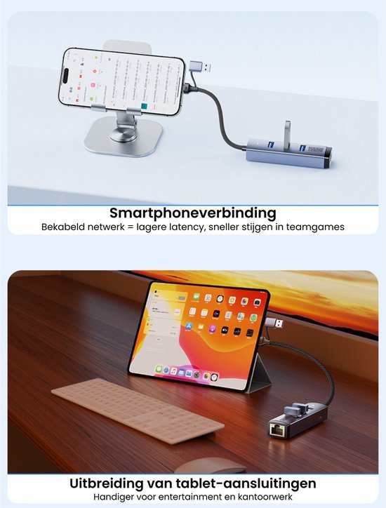 Smartphone en tablet verbonden met USB-hub voor netwerk en extra aansluitingen op bureau