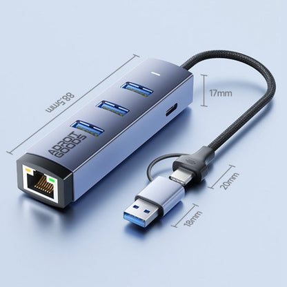Blauwe USB-hub met drie poorten, ethernet-aansluiting en USB-C kabel met maatvoering