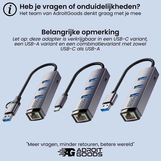 Vier verschillende metalen USB-hubs met meerdere poorten en netwerkaansluitingen van AdroitGoods