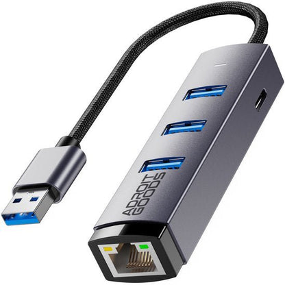 USB-hub met drie USB-poorten en een ethernetpoort, metalen behuizing, compact ontwerp
