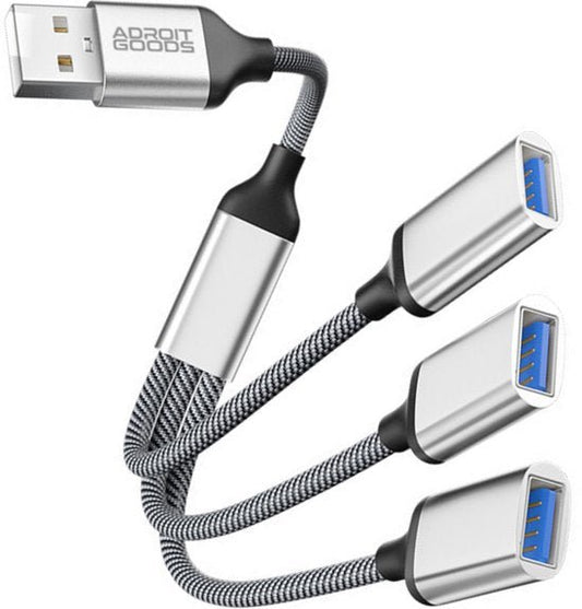 USB-kabel met drie uitgangen en gevlochten nylon buitenkant voor extra duurzaamheid