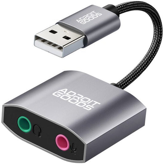 USB naar audio-adapter met slanke grijze behuizing en gevlochten kabel van AdroitGoods