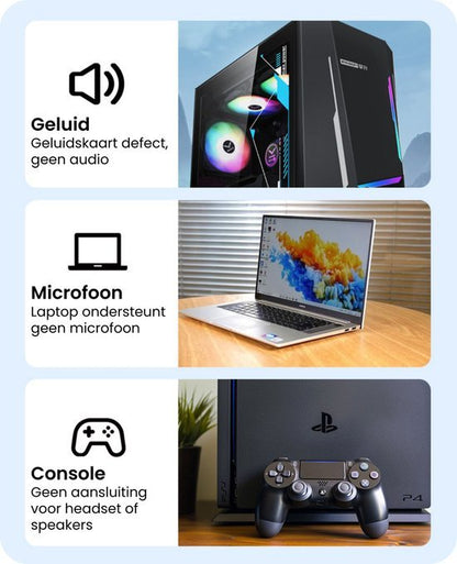 Illustraties van computer, laptop en console met functies en beperkingen in geluid en microfoonfunctie