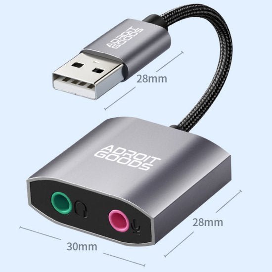 Adapter met USB-aansluiting en twee audio poorten, kabel met gevlochten mantel, grijs model