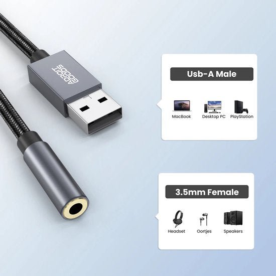 Grijze AdroitGoods usb-a naar 3,5 mm kabeladapter geschikt voor hoofdtelefoon en speakers