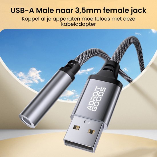 USB-A mannelijke stekker naar 3,5mm vrouwelijke jack met gevlochten kabel en metalen behuizing