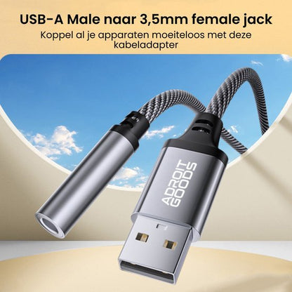 USB-A mannelijke stekker naar 3,5mm vrouwelijke jack met gevlochten kabel en metalen behuizing