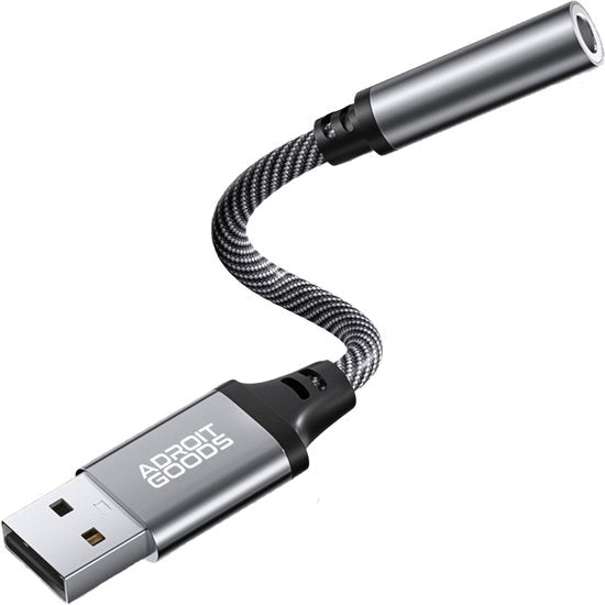 usb naar 3.5 mm audio adapter met flexibel gevlochten kabel in zilver en zwart
