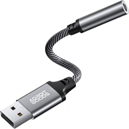 usb naar 3.5 mm audio adapter met flexibel gevlochten kabel in zilver en zwart