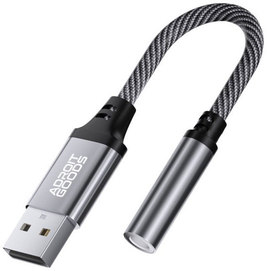 Zilverkleurige USB-adapter met gevlochten kabel en metalen behuizing met merkopdruk