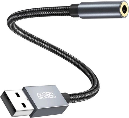 zwarte usb naar 3,5 mm audio adapter kabel met metalen behuizing AdroitGoods
