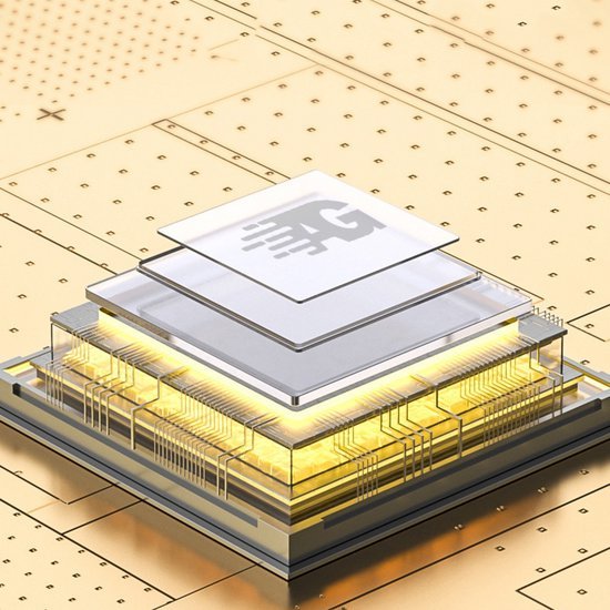 gedetailleerde weergave van een elektronische chip met transparante lagen en gouden schakelingen