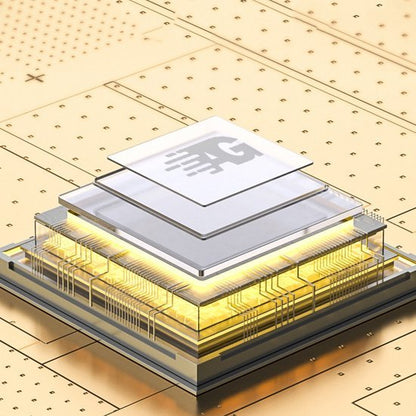 gedetailleerde weergave van een elektronische chip met transparante lagen en gouden schakelingen