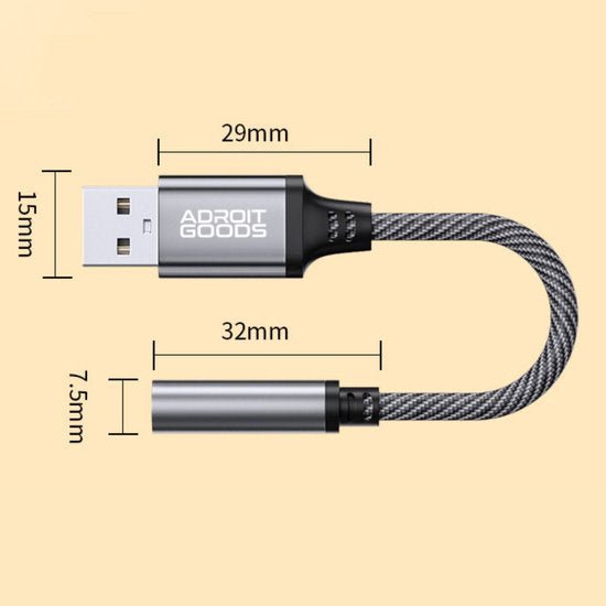 Zwarte kort kabel met USB en audio-aansluiting, voorzien van maatvoering in millimeters