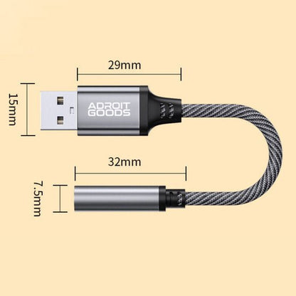 Zwarte kort kabel met USB en audio-aansluiting, voorzien van maatvoering in millimeters