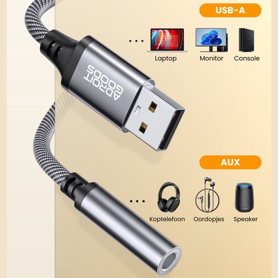 USB-A naar AUX kabel met metalen behuizing en gevlochten beschermhoes in grijs