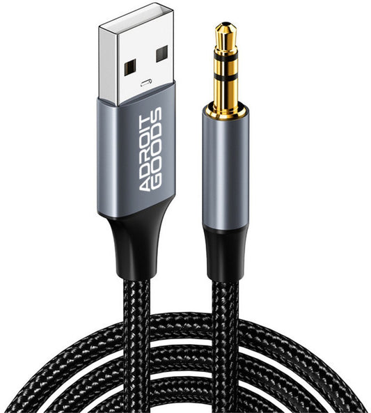USB naar 3,5 mm audiokabel met gevlochten zwarte buitenkant en metalen connectoren