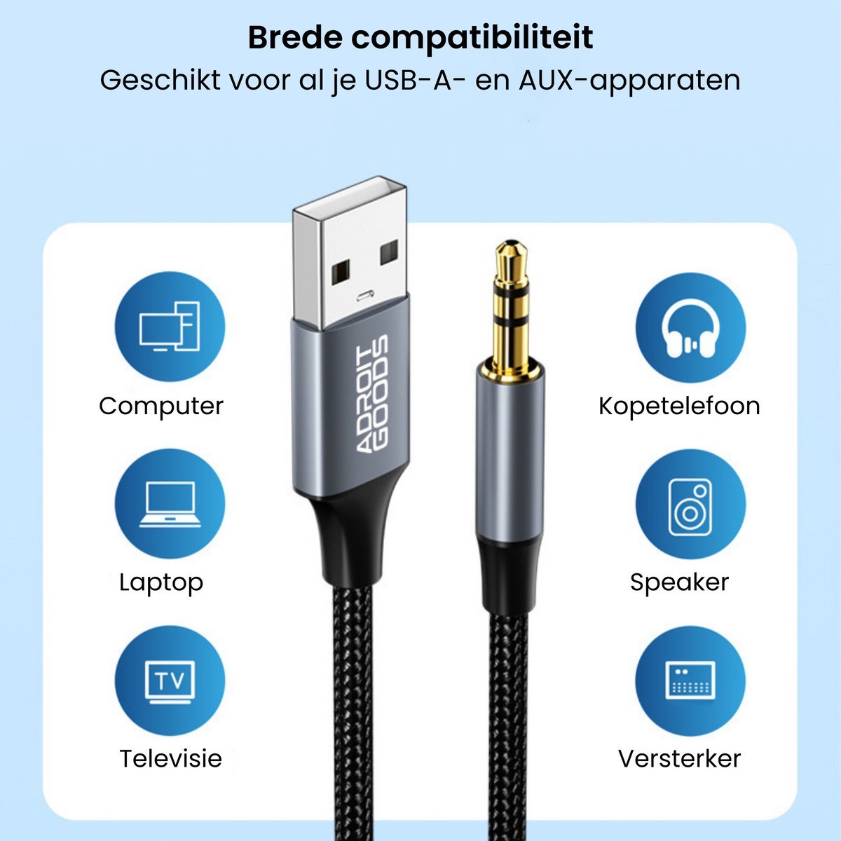 USB-A naar 3,5mm audiokabel met brede compatibiliteit voor verschillende apparaten zoals computer en koptelefoon.