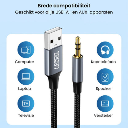USB-A naar 3,5mm audiokabel met brede compatibiliteit voor verschillende apparaten zoals computer en koptelefoon.