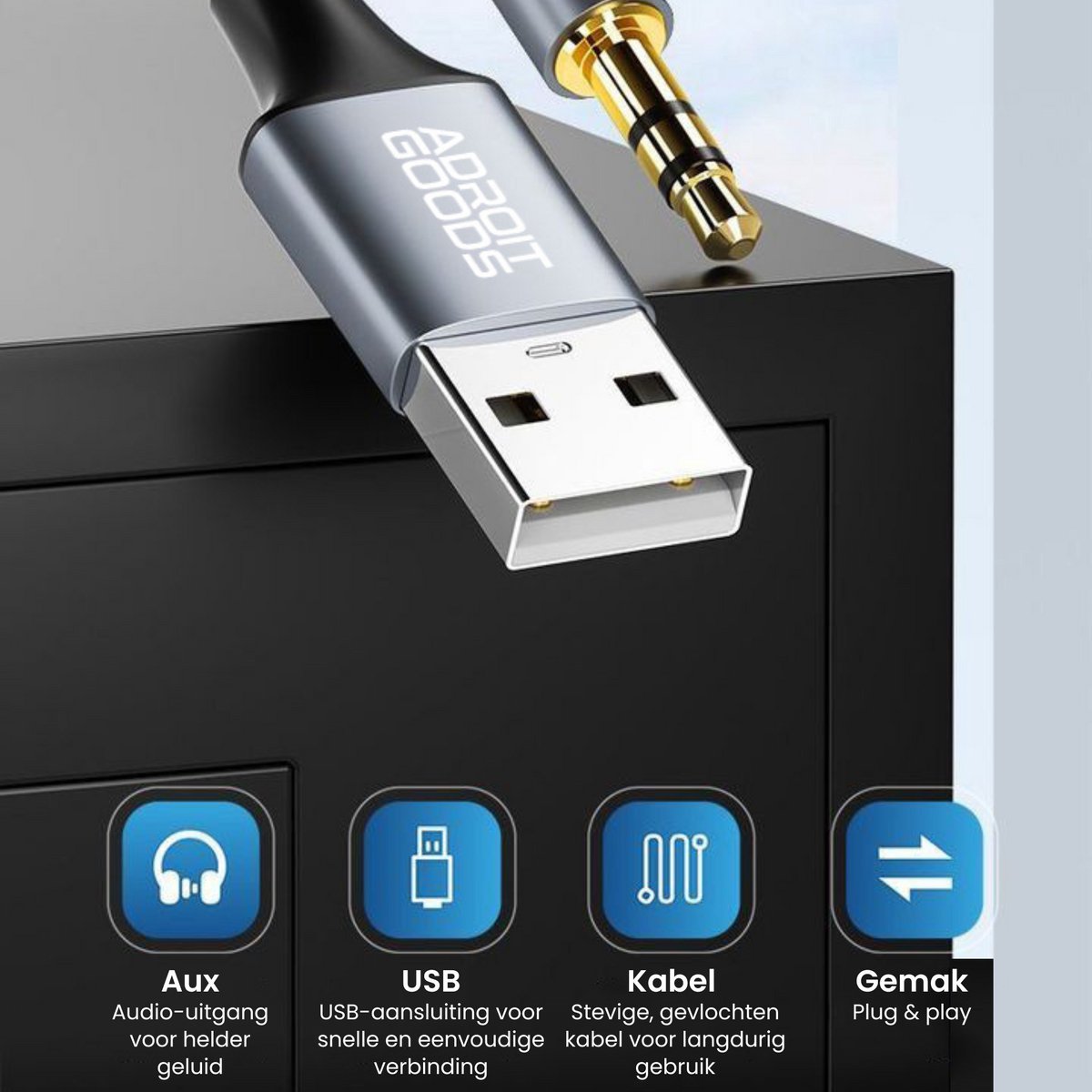 USB-kabel met Aux-connector en metalen behuizing ideaal voor duurzame geluidsverbinding