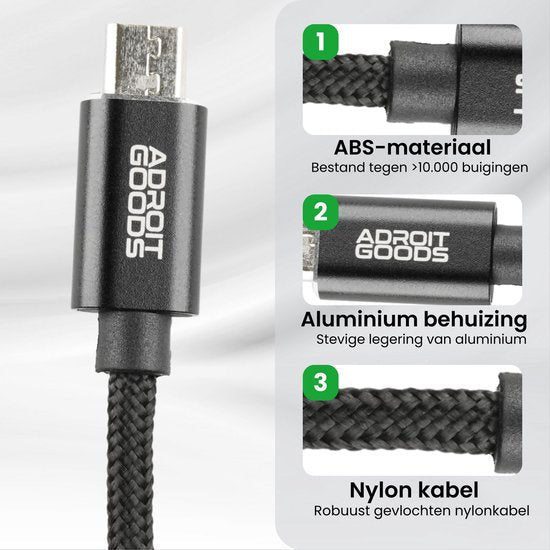 zwarte gevlochten nylonkabel met aluminium behuizing en duurzame ABS-materiaal onderdelen