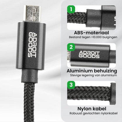 zwarte gevlochten nylonkabel met aluminium behuizing en duurzame ABS-materiaal onderdelen