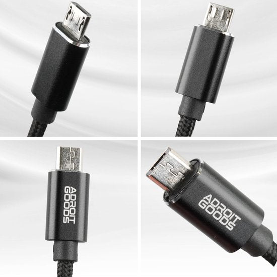 Zwarte micro-USB kabel met AdroitGoods logo en gevlochten aansluitingmateriaal naast witte achtergrond