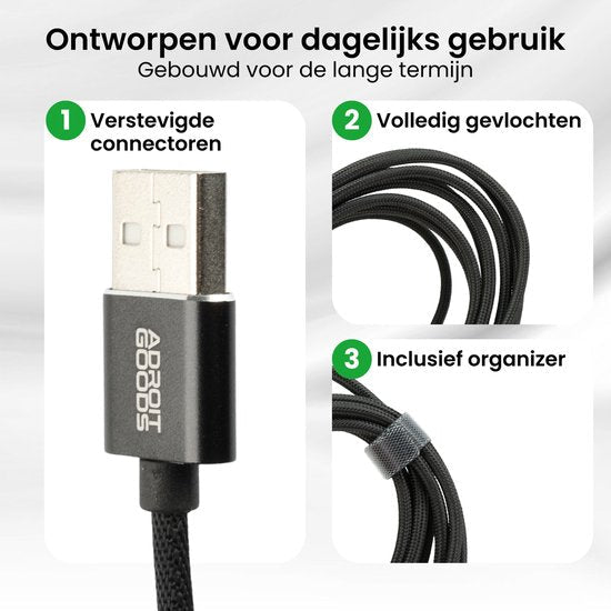 Zwarte gevlochten USB-kabel met versterkte connector en organizerband voor dagelijks gebruik