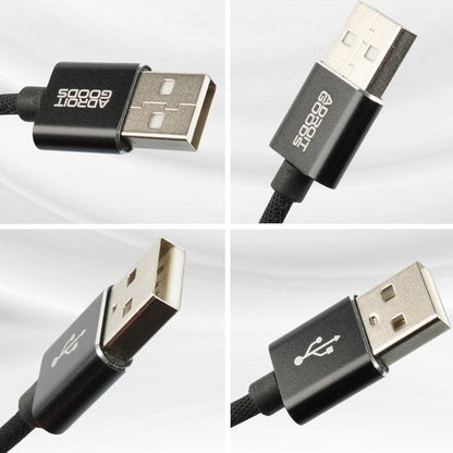vier afbeeldingen van zwarte usb-kabels met metalen connectoren en AdroitGoods logo's