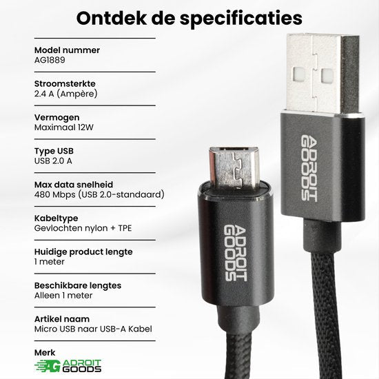 Micro USB naar USB-A kabel met gevlochten nylon en snelheid tot 480 Mbps van AdroitGoods