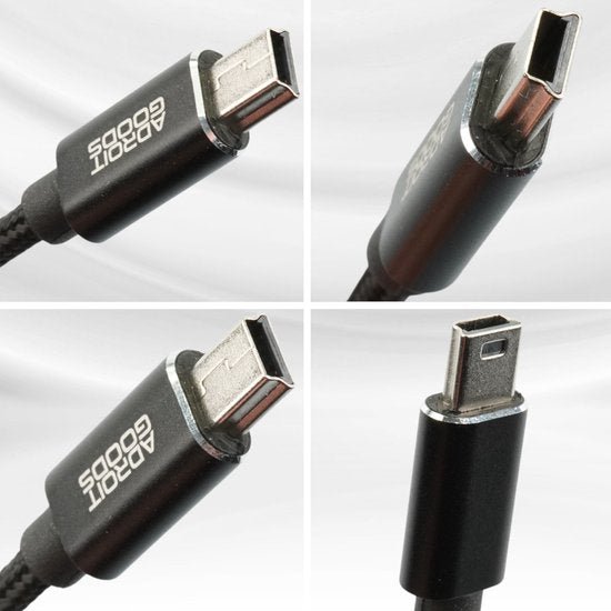 Zwarte kabel met metalen connectoren en bedrukking Adroit Goods zichtbaar in vier close-ups.