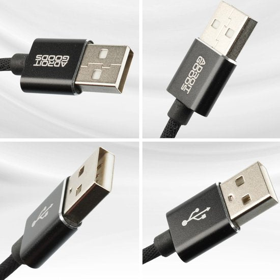 Vier close-up beelden van een zwarte USB-kabel met metalen connector en gevlochten kabelmantel.