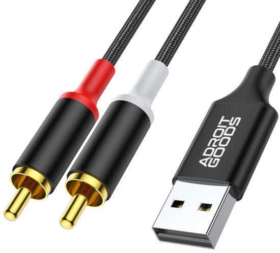 USB-kabel met goudkleurige RCA-aansluitingen in rood en wit, AdroitGoods branding