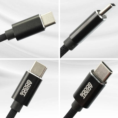 Zwart gevlochten kabel met USB-C en ronde connector in close-up foto's