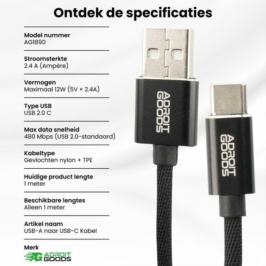 USB-A naar USB-C kabel met gevlochten nylon en TPE, 1 meter lang, 2.4 Ampère stroomsterkte
