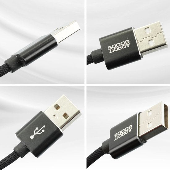 Zwarte USB-kabel met geaderde buitenkant en metalen connectoren van AdroitGoods.