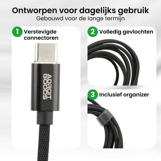 Zwarte gevlochten kabel met versterkte connector en handige organizer voor dagelijks gebruik
