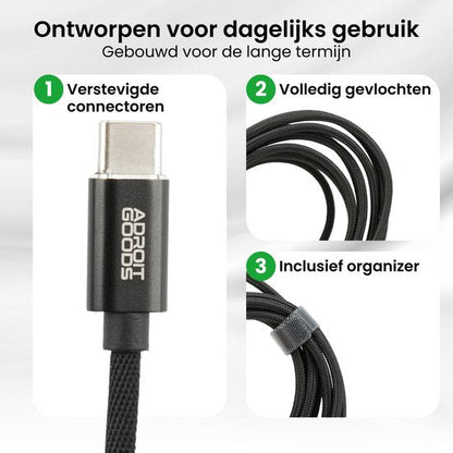 Zwarte gevlochten kabel met versterkte connector en handige organizer voor dagelijks gebruik