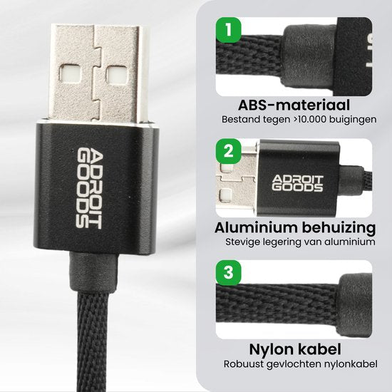 USB-kabel met ABS-materiaal, aluminium behuizing en sterke gevlochten nylon kabel