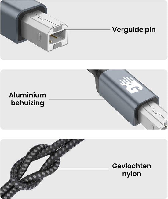 Dichtbij beeld van kabel met vergulde pin, aluminium behuizing en gevlochten nylon omhulsel