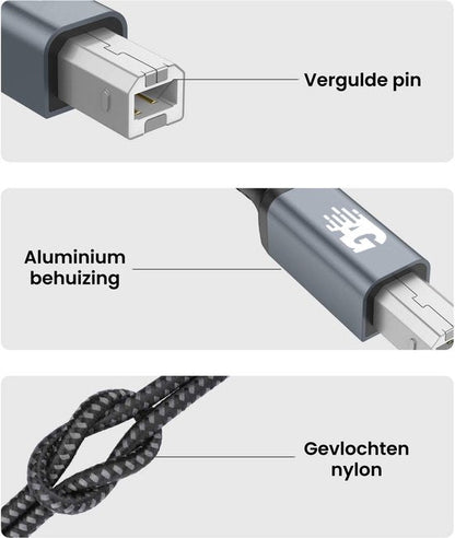 Dichtbij beeld van kabel met vergulde pin, aluminium behuizing en gevlochten nylon omhulsel