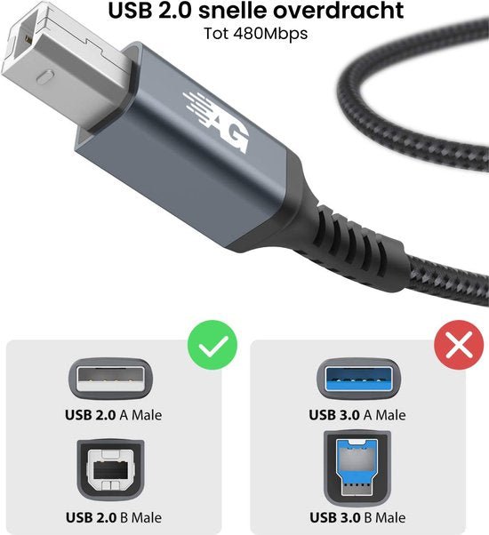 Close-up van USB 2.0 kabel met mannelijke connectoren en snellere overdracht tot 480 Mbps