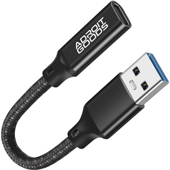 Zwarte duurzame AdroitGoods USB naar USB-C kabel met gevlochten beschermlaag.