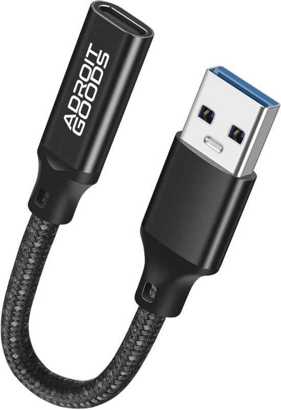 Zwarte USB verlengkabel met gevlochten hoes en merknaam Adroit Goods zichtbaar